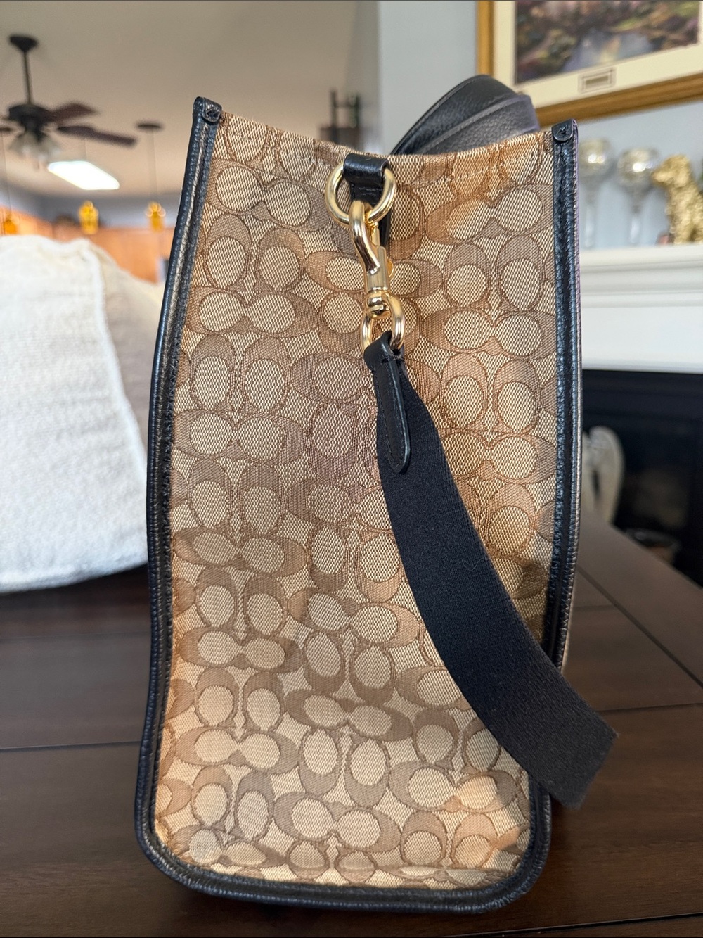 Coach Brown Signature Canvas Tote with Black Trim and Stripe - Picture 3 of 7